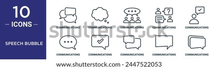 speech bubble outline icon set includes thin line communications, communications, communications, icons for report, presentation, diagram, web design