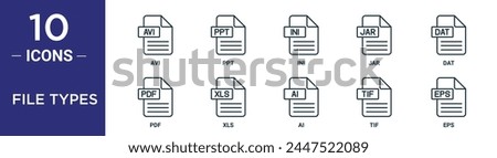 file types outline icon set includes thin line avi, ppt, ini, jar, dat, pdf, xls icons for report, presentation, diagram, web design