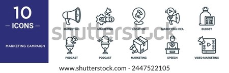 marketing campaign outline icon set includes thin line marketing, marketing, location, idea, budget, podcast, podcast icons for report, presentation, diagram, web design