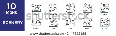 scenery outline icon set includes thin line beach, mountain, lake, fall, river, scenery, city icons for report, presentation, diagram, web design