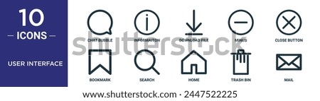 user interface outline icon set includes thin line chat bubble, informaiton, download file, minus, close button, bookmark, search icons for report, presentation, diagram, web design