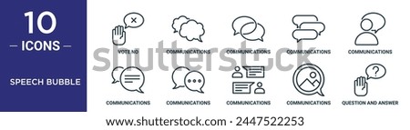 speech bubble outline icon set includes thin line vote no, communications, communications, communications, icons for report, presentation, diagram, web design