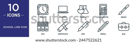 school line icon outline icon set includes thin line clock, laptop, flask, calculator, brush, file, certificate icons for report, presentation, diagram, web design