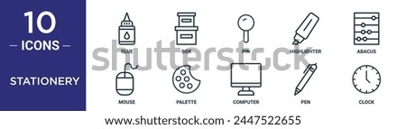 stationery outline icon set includes thin line glue, box, pin, highlighter, abacus, mouse, palette icons for report, presentation, diagram, web design