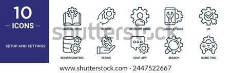 setup and settings outline icon set includes thin line manual book, repair, account tings, mobile tings, up, server control, repair icons for report, presentation, diagram, web design