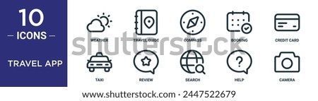 travel app outline icon set includes thin line weather, travel guide, compass, booking, credit card, taxi, review icons for report, presentation, diagram, web design