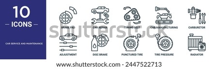 car service and maintenance outline icon set includes thin line brake pad, car repair, timing belt, car manufacturing, carburetor, adjustment, disc brake icons for report, presentation, diagram, web