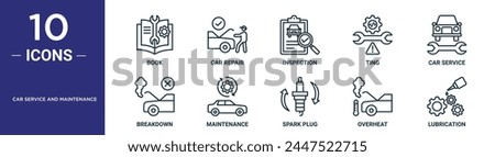 car service and maintenance outline icon set includes thin line book, car repair, inspection, ting, car service, breakdown, maintenance icons for report, presentation, diagram, web design