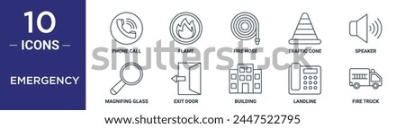 emergency outline icon set includes thin line phone call, flame, fire hose, traffic cone, speaker, magnifing glass, exit door icons for report, presentation, diagram, web design