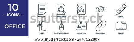 office outline icon set includes thin line document, paper sheet, diary, eye, pencil, door, computer mouse icons for report, presentation, diagram, web design