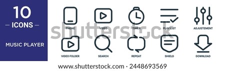 music player outline icon set includes thin line phone, video, timer, play list, adjustement, video folder, search icons for report, presentation, diagram, web design