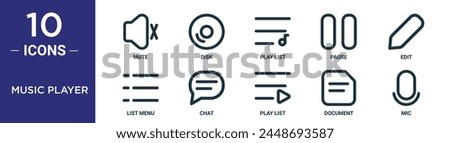 music player outline icon set includes thin line mute, disk, play list, pause, edit, list menu, chat icons for report, presentation, diagram, web design