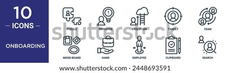 onboarding outline icon set includes thin line puzzle, employee, evolution, target, team, mood board, hand icons for report, presentation, diagram, web design
