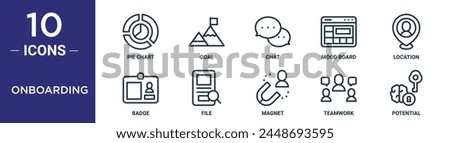 onboarding outline icon set includes thin line pie chart, goal, chat, mood board, location, badge, file icons for report, presentation, diagram, web design