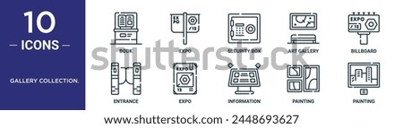 gallery collection. outline icon set includes thin line book, expo, security box, art gallery, billboard, entrance, expo icons for report, presentation, diagram, web design