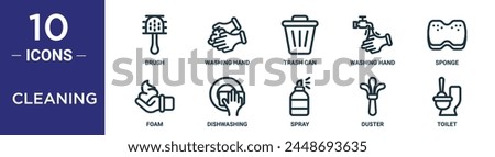 cleaning outline icon set includes thin line brush, washing hand, trash can, washing hand, sponge, foam, dishwashing icons for report, presentation, diagram, web design