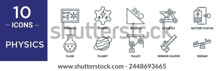 physics outline icon set includes thin line formula, power, rolling, catapult, battery status, flask, planet icons for report, presentation, diagram, web design