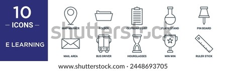 e learning outline icon set includes thin line map marker, folder, clipboard list, flask stand, pin board, mail area, bus driver icons for report, presentation, diagram, web design