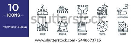 vacation planning outline icon set includes thin line dynamic, cruise, all inclusive, vacation, destination, dining, camping icons for report, presentation, diagram, web design