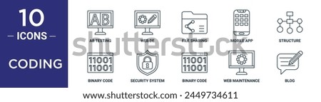 coding outline icon set includes thin line ab testing, web de, file sharing, mobile app, structure, binary code, security system icons for report, presentation, diagram, web design