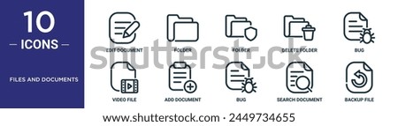 files and documents outline icon set includes thin line edit document, folder, folder, delete folder, bug, video file, add document icons for report, presentation, diagram, web design