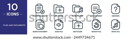 files and documents outline icon set includes thin line remove document, add folder, music folder, add document, unknown, search document, audio file icons for report, presentation, diagram, web