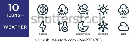 weather outline icon set includes thin line day and night, sleet, starry night, sun, storm, thunder,   icons for report, presentation, diagram, web design