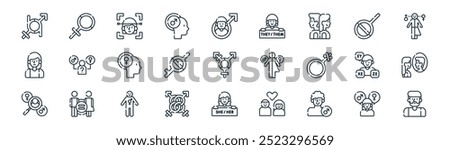 linear identity icon pack. vector thin line gender identity, female, female, agender, demigender, identity, she, male icons suitable for apps and websites ui designs