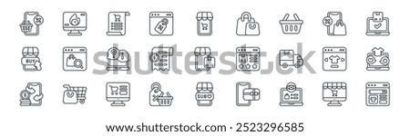 linear online shopping icon pack. vector thin line ecommerce, deals, shopping list, smartphone, bill, feedback, subscribe, online shopping icons suitable for apps and websites ui designs