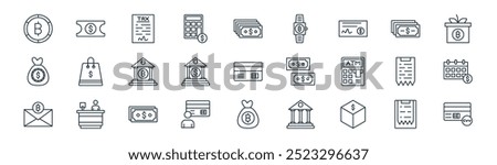 linear bill and payment icon pack. vector thin line clipboard, ticket, taxes, cash, banking, calendar, money bag, pin code icons suitable for apps and websites ui designs