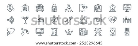 linear wedding icon pack. vector thin line love and romance, home, wedding car, hall, heart lock, dinning table, crown, chote bar icons suitable for apps and websites ui designs