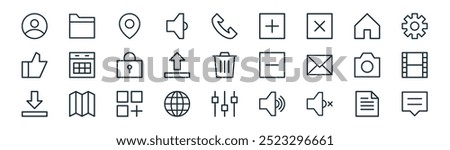 linear ui basic icon pack. vector thin line document, folder, location, home, upload, movie, ting, chat icons suitable for apps and websites ui designs