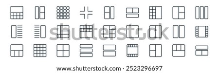 linear layout icon pack. vector thin line bottom view, layout, layout, sidebar, grid, grid, icons suitable for apps and websites ui designs