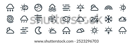 linear weather icon pack. vector thin line sunrise, eclipse, full moon, rainbow, wind, fog, snow fall, rain icons suitable for apps and websites ui designs