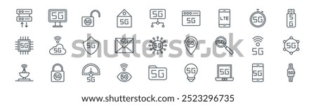 linear g icon pack. vector thin line smartphone, computer, unlock, g, email, infrastructure, folder, smart watch icons suitable for apps and websites ui designs