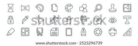 linear edit and design tools icon pack. vector thin line print, mirror horizontally, sticker, rubber stamp, bezier curve, text, paste, ruler icons suitable for apps and websites ui designs