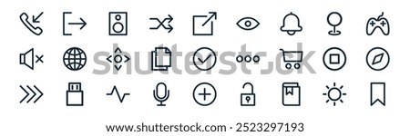 linear user interface icon pack. vector thin line brightness, log out, sound, pin map, duplicate, browser, plus, save icons suitable for apps and websites ui designs