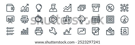 linear business icon pack. vector thin line email, growth, light bulb, discount, pie chart, performance, graph, contact icons suitable for apps and websites ui designs