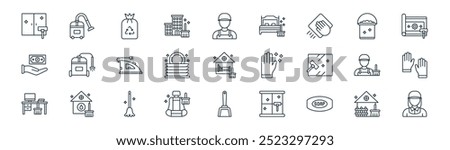 linear cleaning icon pack. vector thin line backyard, vaccum cleaner, garbage, cleaning bucket, wash dishes, latex, dustpan, maid icons suitable for apps and websites ui designs