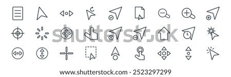 linear selection and cursors icon pack. vector thin line scroll, selection, scroll, zoom in, pointer, selection, cursor, click icons suitable for apps and websites ui designs