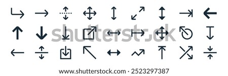 linear user interface icon pack. vector thin line cross, right, dotted line, right arrow, up right, down arrow, left up down icons suitable for apps and websites ui designs