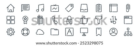 linear user interface icon pack. vector thin line user, bubble chat, music note, data table, phone call, browser, text, hierarchy icons suitable for apps and websites ui designs