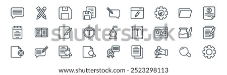 linear copy writing icon pack. vector thin line magnifying glass, pencils, floppy disk, files and folders, text, feather pen, quality, gear icons suitable for apps and websites ui designs