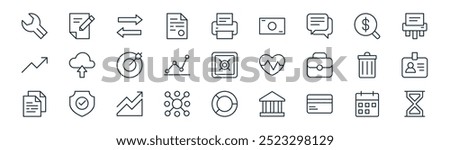 linear business icon pack. vector thin line calendar, edit, arrow, search, graphic, id card, pie chart, sandclock icons suitable for apps and websites ui designs