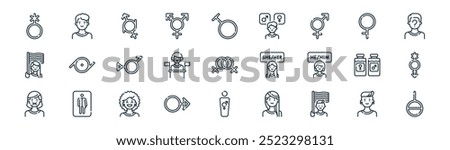 linear gender identity icon pack. vector thin line bigender, man, genderfluid, demigirl, podium, poligender, gender neutral, genderless icons suitable for apps and websites ui designs