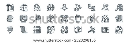 linear survey icon pack. vector thin line mapping, construction, location, cameraman, road, survey, surveyor, survey icons suitable for apps and websites ui designs