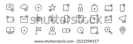 linear add icon pack. vector thin line zoom in, cloud computing, plus, laptop, edit, paper airplane, battery, add location icons suitable for apps and websites ui designs