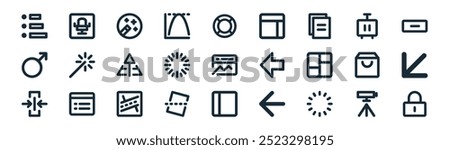 linear ui icon pack. vector thin line video, seat, magic tool, luggage, loading, left down arrow, layout, lock icons suitable for apps and websites ui designs