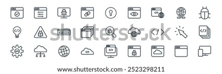 linear programming icon pack. vector thin line application, tings, computer bug, website, browser, coding, coding, responsive de icons suitable for apps and websites ui designs