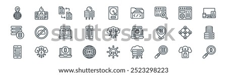 linear web hosting icon pack. vector thin line cloud security, firewall, file transfer, browser tings, smartphone, database, cloud connection, virus scan icons suitable for apps and websites ui